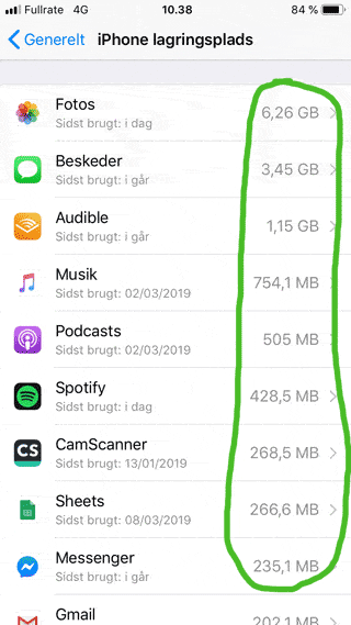 Se hvad der optager flest GB på din iPhone