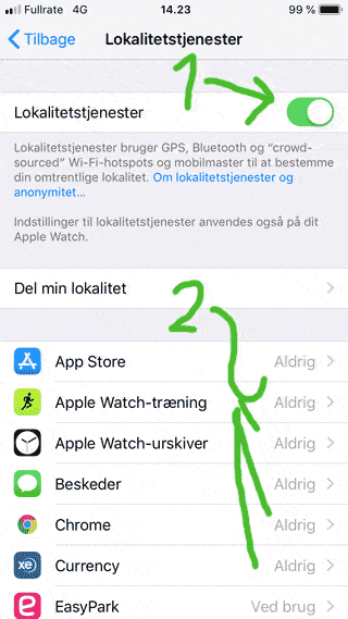 Slå GPS data til og fra på iPhone